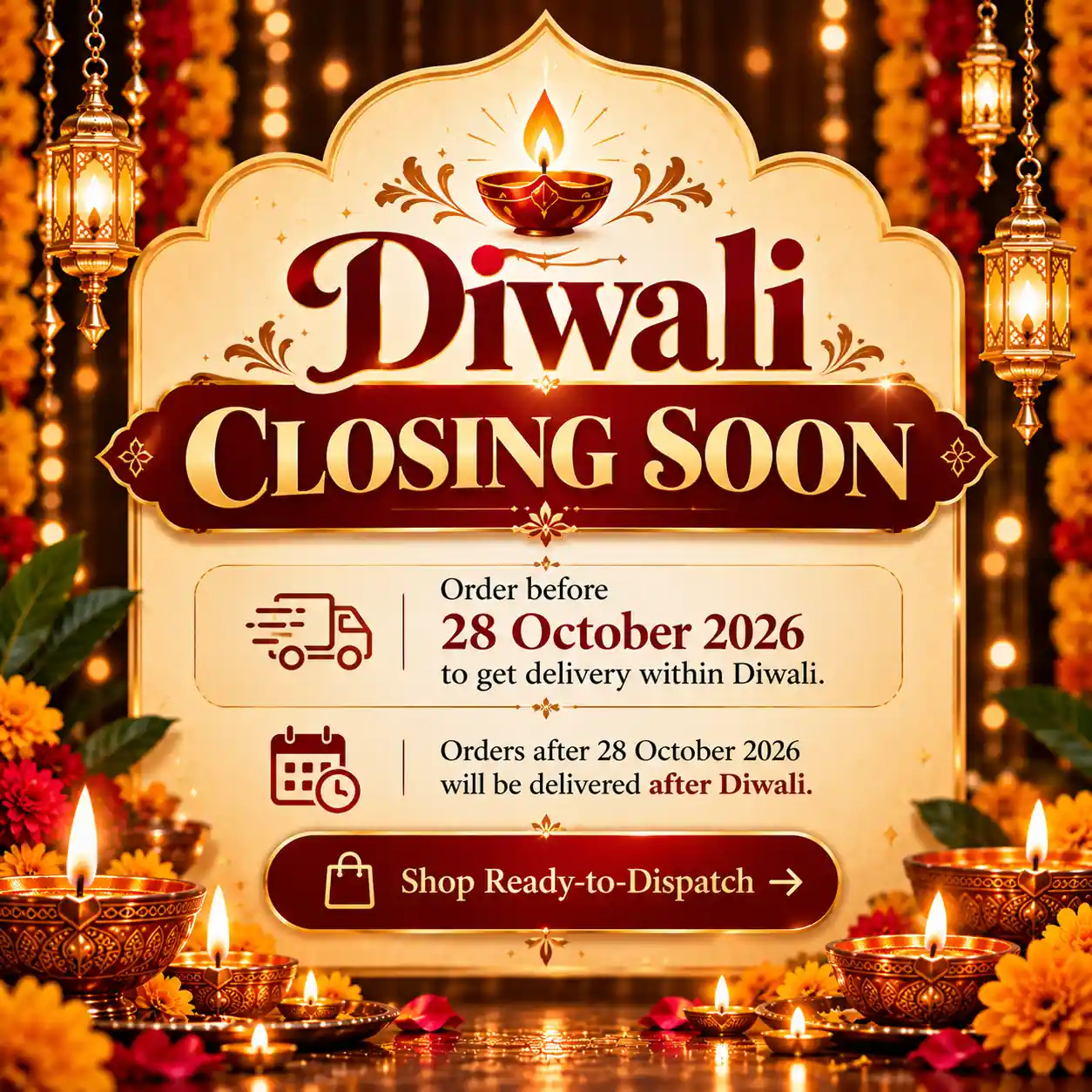 Diwali Closing Soon. Order before 28 October 2026 for delivery within Diwali. Orders after 28 October will be delivered after Diwali.